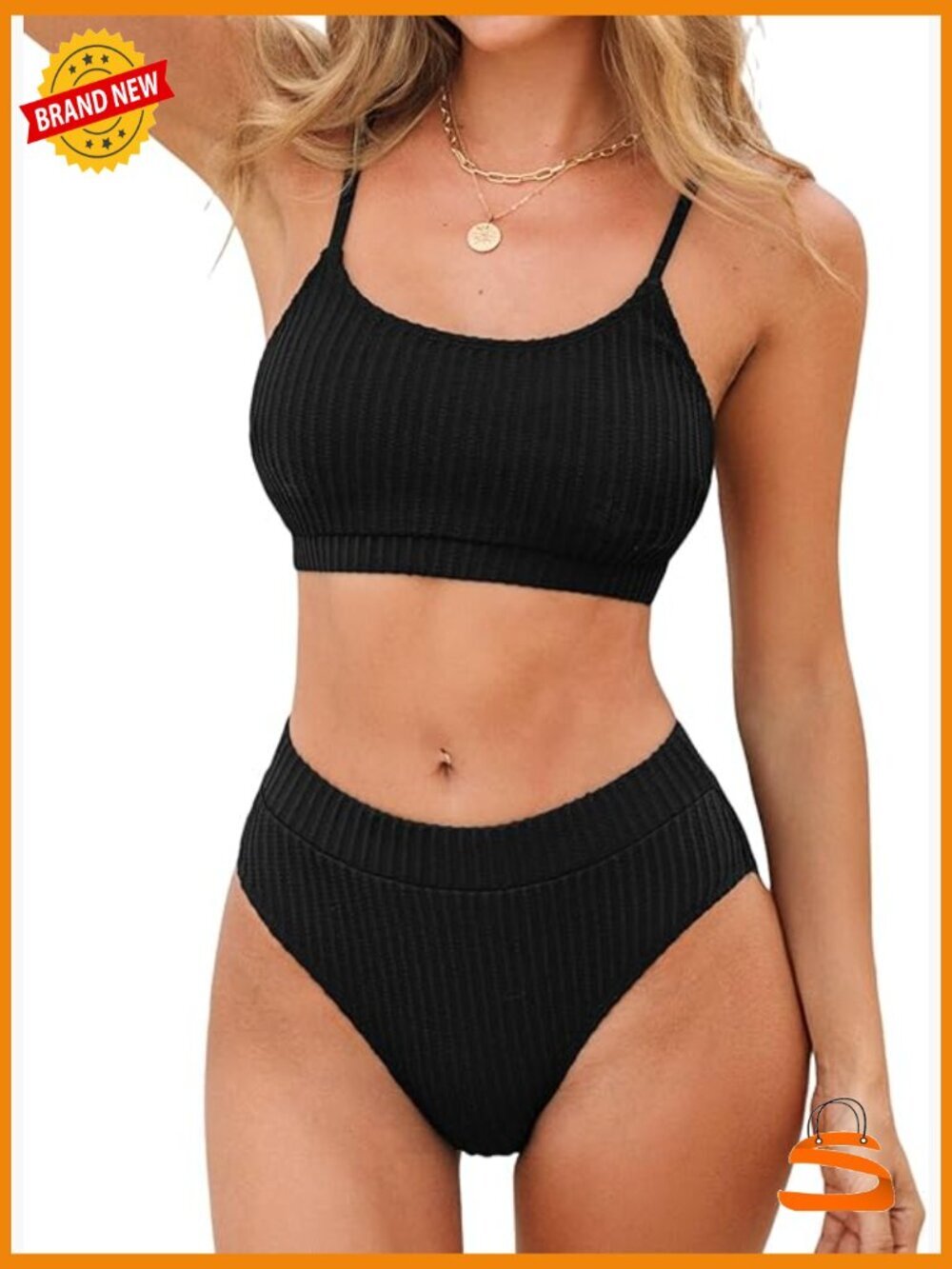 High Waisted Bikini Set Two Piece Swimsuits Textured Knit Scoop Neck Adjustable